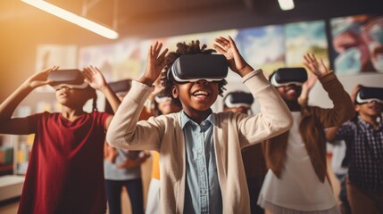 Surprised of Multicultural students with virtual reality headset in classroom - obrazy, fototapety, plakaty