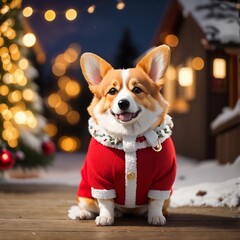 A full-body Christmas-clothed corgi in an outdoor winter wonderland with bokeh background