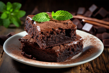 Chocolate brownies with melted chocolate and mint leaves in a white plate