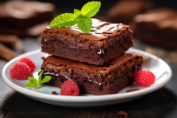 Chocolate brownies with melted chocolate and mint leaves in a white plate - obrazy, fototapety, plakaty