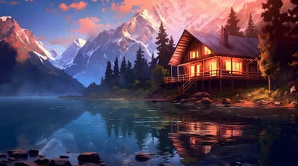 Tuinposter beautiful natural scenery forest lake and mountains illustration style © Ky