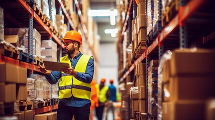 A single logistics employee is working in a busy warehouse.