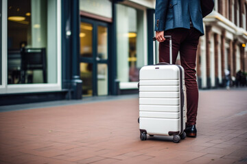 traveler with suitcase standing