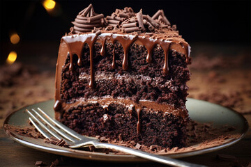 Chocolate cake with chocolate sprinkles and delicious melted chocolate