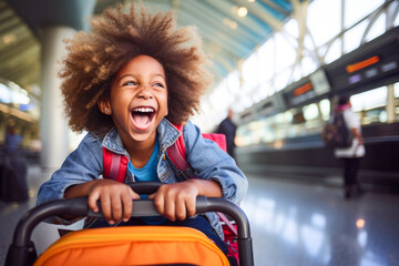 A child riding a colorful suitcase through the airport terminal. - obrazy, fototapety, plakaty
