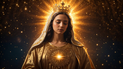 Crowned Madonna: Immaculate Heart of the Blessed Virgin Mary's Radiant Light. - obrazy, fototapety, plakaty