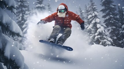 Fototapeta na wymiar Santa Claus snowboarding down a snowy slope. Cool Santa with extreme winter sports hobby. Snowboard equipment for Christmas season. Exciting and fun ride and activity in mountains.