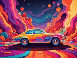 Groovy Car Illustration Psychedelic Spaces in Flat Style