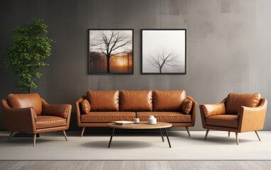 Fototapeta premium Leather sofa and chairs in a modern interior. Generative AI
