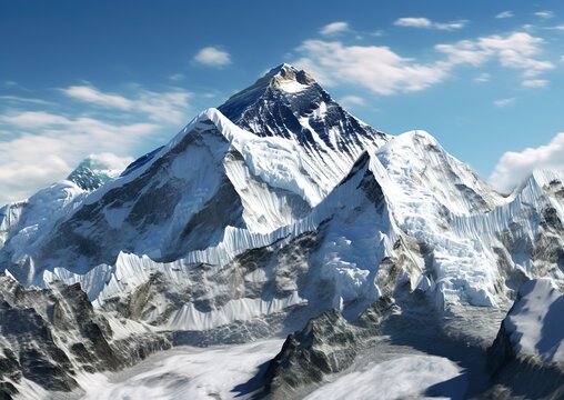 mountain is shown in the background of the image, in the style of realistic hyper-detailed rendering, creased, dark white and sky-blue, creative commons attribution, photo-realistic, himalayan art