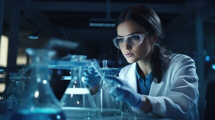 Young woman researcher working in laboratory of research institute innovative medicines and vaccines