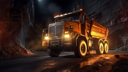 Large quarry dump truck in coal mine at night. Loading coal into body work truck.