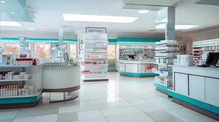  Interior of empty modern pharmacy, Pharmacy shop background. © Oulaphone