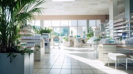 Obraz premium Interior of empty modern pharmacy, Pharmacy shop background.