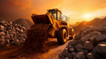 Wheel loader machine unloading rocks. Loader pours crushed stone or gravel from the bucket. - obrazy, fototapety, plakaty