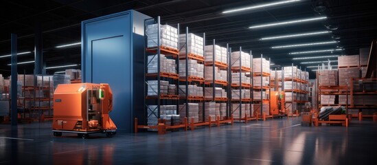 Vegetable storage in industrial refrigerated warehouse with cold store entrance boxes near large refrigerator inside refrigerator shelving and pallet jack in storage displayed in a image - obrazy, fototapety, plakaty