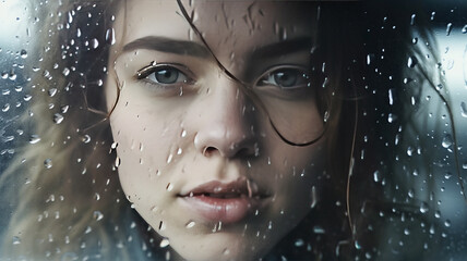 Portrait of beautiful woman in car looking out through wet glass. Closeup generative ai