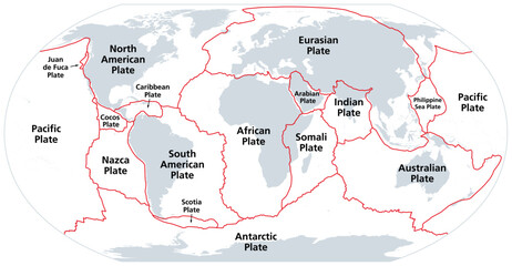 Principal tectonic plates of the Earth, gray map. The sixteen major pieces of crust and uppermost mantle of the Earth, called the lithosphere, and consisting of oceanic and continental crust. Vector. - obrazy, fototapety, plakaty