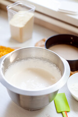 process of making peach pie, ingredients on the kitchen table