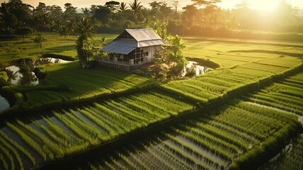 Beautiful house, corner inside the middle of the house. Rice fields. - obrazy, fototapety, plakaty