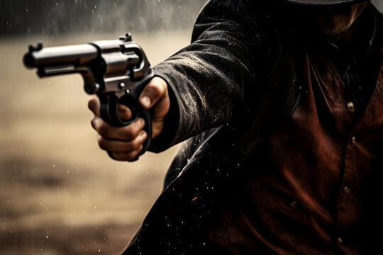 close up of cowboy shooting his gun