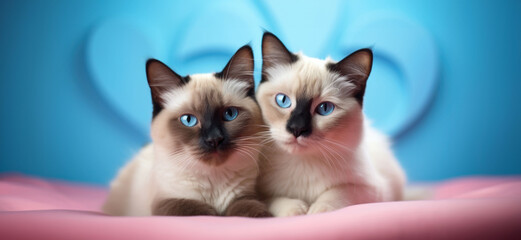 Siamese siblings lounging in comfort, their blue eyes a mirror of the sky, exuding calm and love. Happy Valentine's Day.
