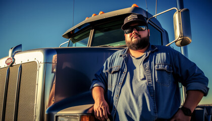 An overweight male truck driver is standing next to his truck, taking a break.