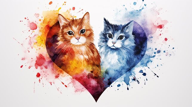 Valentine's Day card, illustration of two fluffy cats in a big heart drawn with watercolor paint