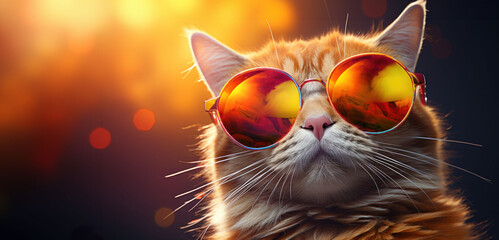 stylish red cat in orange glasses, banner with orange background and bokeh