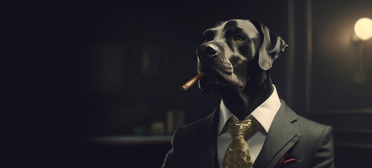 Portrait of a dog in a suit with a cigar in his mouth - obrazy, fototapety, plakaty