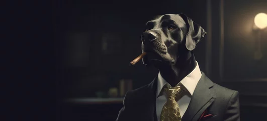 Rolgordijnen Portrait of a dog in a suit with a cigar in his mouth © missty