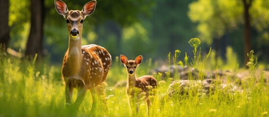 A female Indian deer and her cub graze peacefully on lush green grass in Sariska National Park surrounded by jungle trees