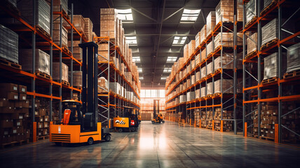 Panorama of huge distribution warehouse with high shelves with forklift at large warehouse. - obrazy, fototapety, plakaty