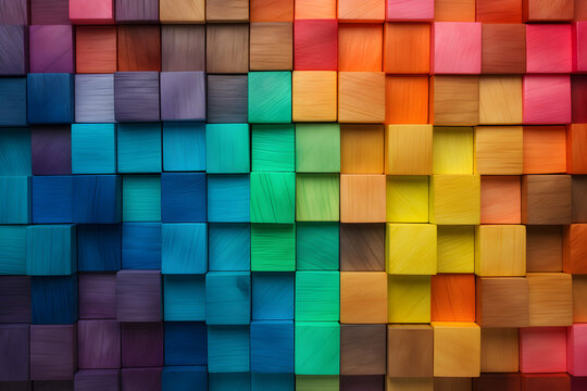 Colourful background of wooden blocks. A Spectrum of multi coloured wooden blocks aligned