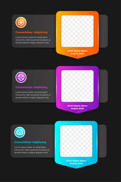 collection of vector colorful Infographic typographic timeline report template with the biggest milestones, photos, icon and description. black background. 