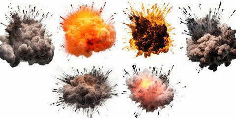 photograph of Set of explosion isolated on white background