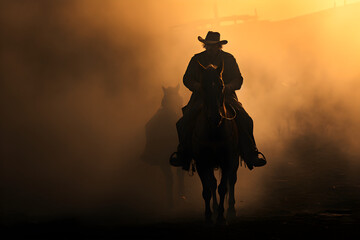 silhouette of a cowboy riding a horse at sunset