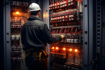 Electrical engineer wearing gloves test electrical installations and wiring on protective relays, measuring them with a multimeter