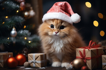 cat in Santa Claus hat under Christmas tree with gifts for the celebration of the new year