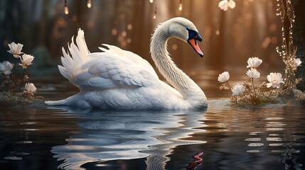 swan lake reflections, digital art illustration, Generative AI