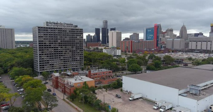 Establishing drone shot of downtown Detroit cityscape