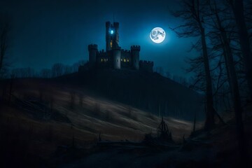 Naklejka na ściany i meble A castle located in a desolate, dead forest that foggy night. The moon shone down with an erie glow - AI Generative
