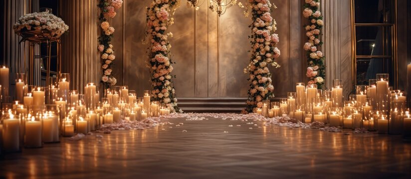 Luxurious candlelit hall with rose petals trendy decor and elegant lighting for special occasions weddings and events
