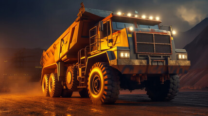 Big yellow mining truck for coal anthracite. Open pit mine industry.