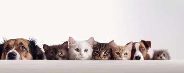 Dogs and Cats, peeking over the clear solid white top line, petshop banner, happy, smile, funny. Generative AI image weber. - obrazy, fototapety, plakaty