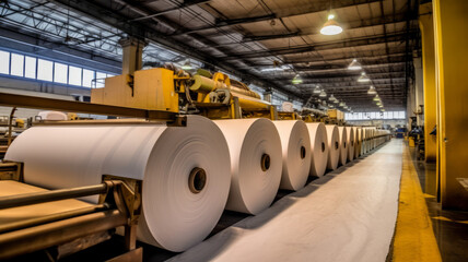 Factory production large rolls of thermal paper. paper industry. - obrazy, fototapety, plakaty
