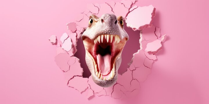 Cute T-Rex peeking out of a hole in wall, torn hole, empty copy space frame, mockup. Generative AI image weber.
