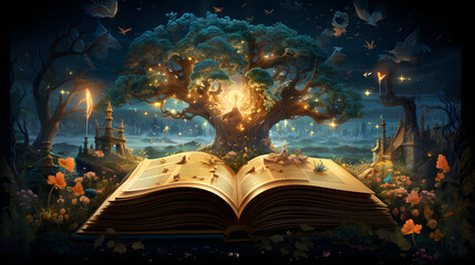 Opened magic book with fantasy elements. Concept on the topic of fantasy - obrazy, fototapety, plakaty