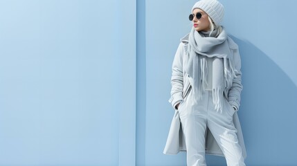 Winter Fashion stylish woman in a winter. wearing a chic coat, cozy sweater, a trendy hat, and a fur scarf, all combining for a perfect winter look. The snowy background winter fashion.