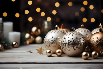 christmas tree decorations, santa claus with gifts, snowman in the snow, christmas gift boxes	